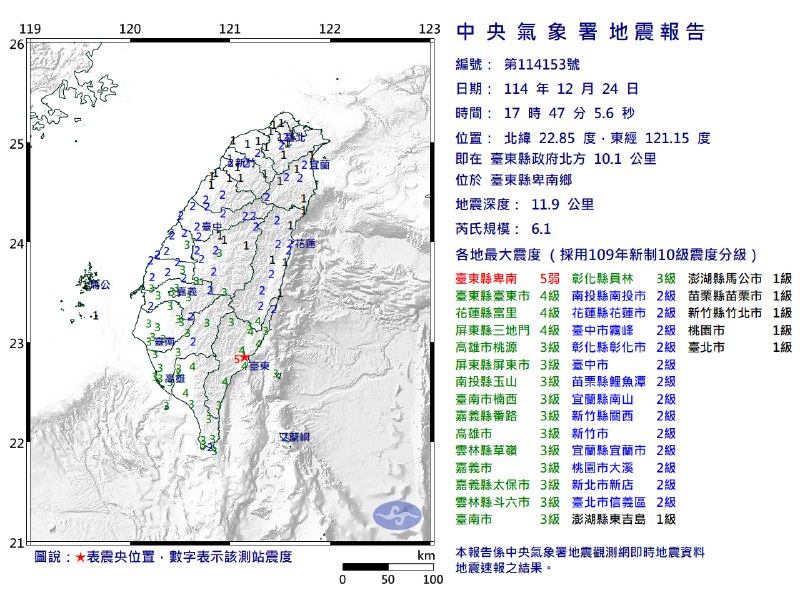 台湾台东县24日17:47发生6.1级地震，震源深度11.9千米