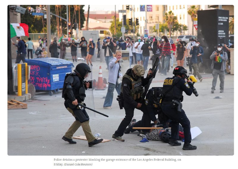 美国移民与海关执法局（ICE）6月6日在洛杉矶突袭逮捕40多人后，抗议持续升温