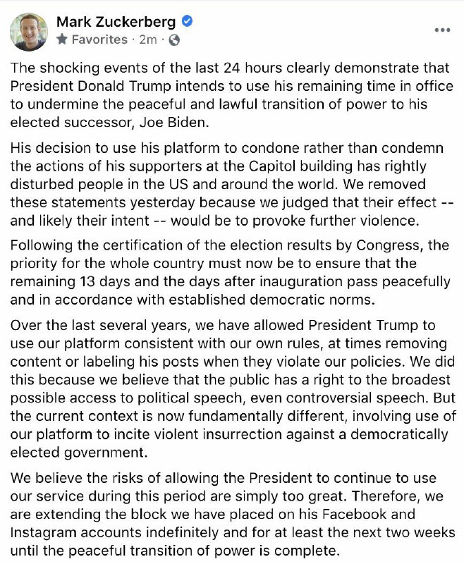 Facebook首席执行官扎克伯格在个人主页发帖表示，特朗普的Facebook与Instagram账号将被继续锁定至少两周